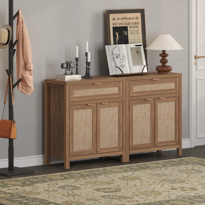 Farmhouse Rattan Sideboard Storage Cabinet with Drawer - N/A