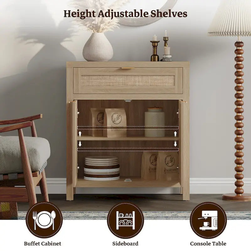 Farmhouse Rattan Sideboard Storage Cabinet with Drawer - N/A