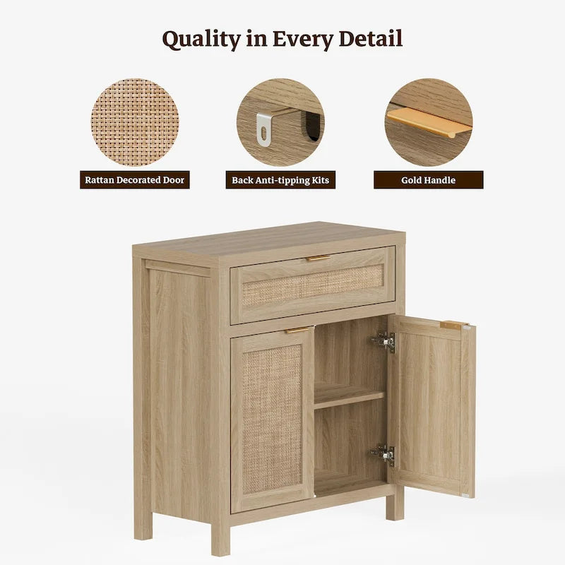 Farmhouse Rattan Sideboard Storage Cabinet with Drawer - N/A