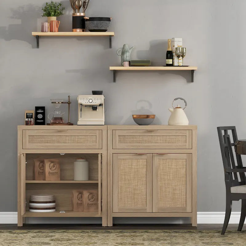 Farmhouse Rattan Sideboard Storage Cabinet with Drawer - N/A