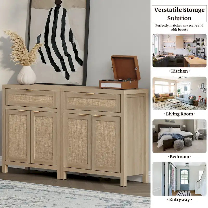 Farmhouse Rattan Sideboard Storage Cabinet with Drawer - N/A