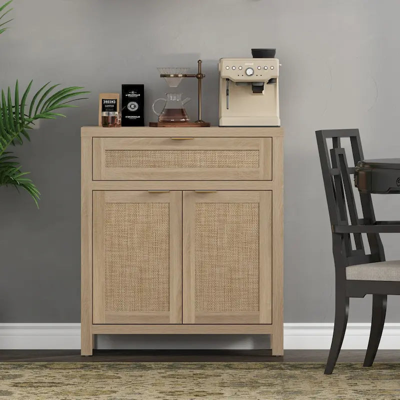 Farmhouse Rattan Sideboard Storage Cabinet with Drawer - N/A
