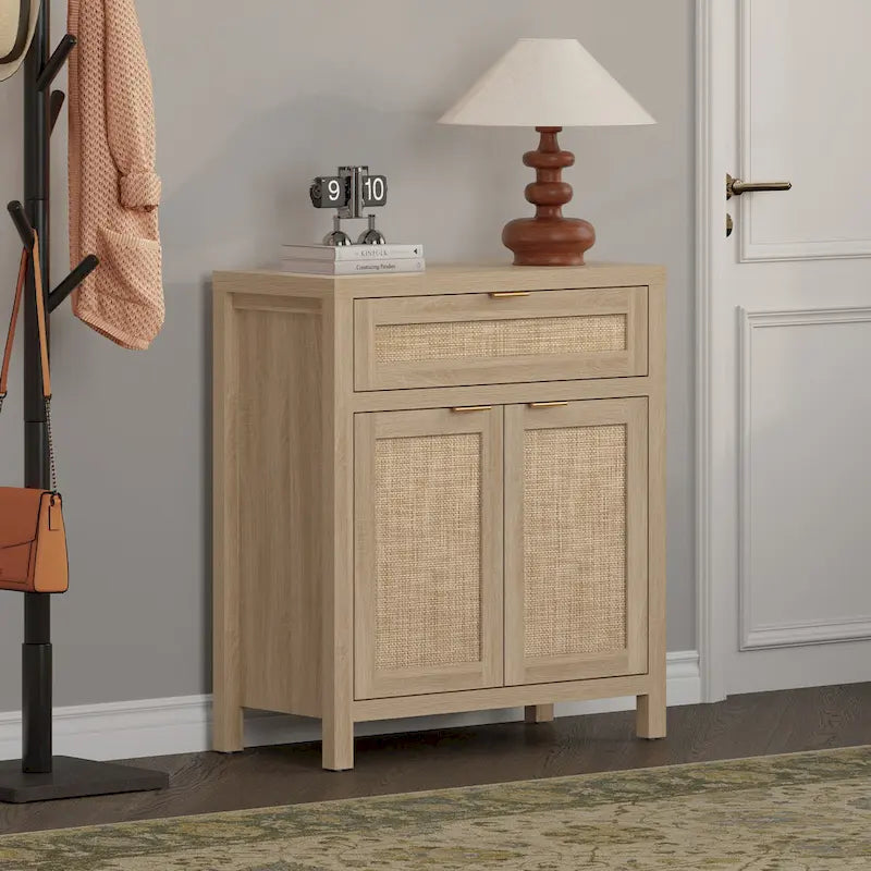 Farmhouse Rattan Sideboard Storage Cabinet with Drawer - N/A