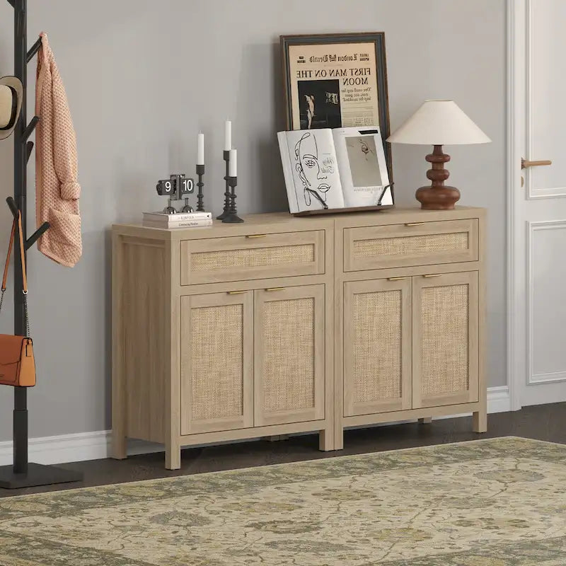 Farmhouse Rattan Sideboard Storage Cabinet with Drawer - N/A