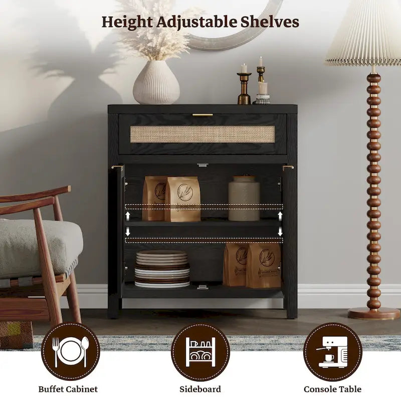 Farmhouse Rattan Sideboard Storage Cabinet with Drawer - N/A