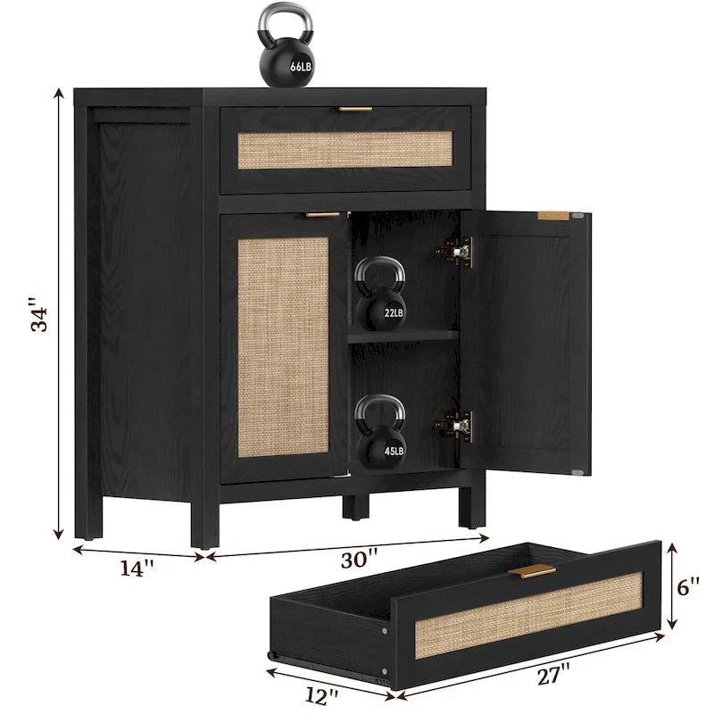 Farmhouse Rattan Sideboard Storage Cabinet with Drawer - N/A