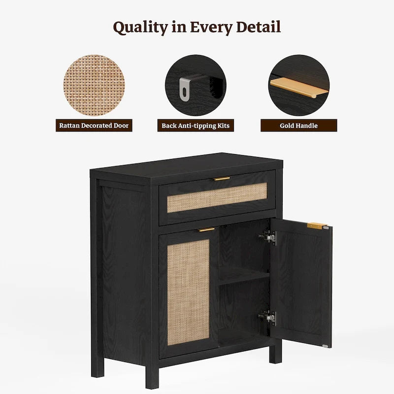 Farmhouse Rattan Sideboard Storage Cabinet with Drawer - N/A