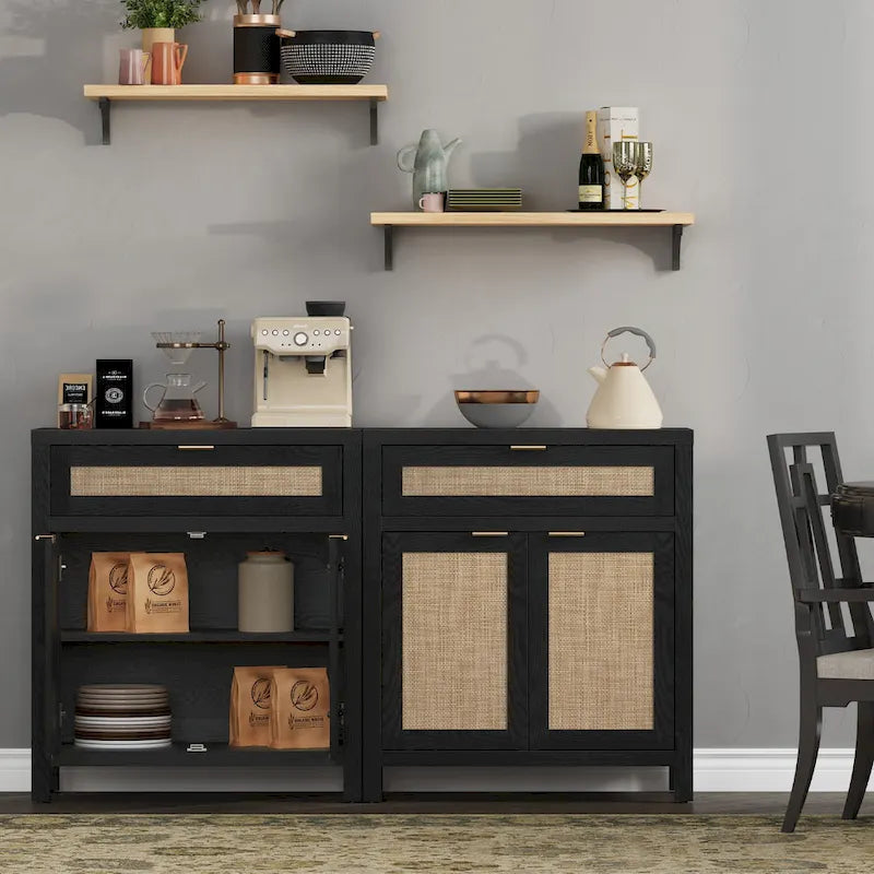 Farmhouse Rattan Sideboard Storage Cabinet with Drawer - N/A