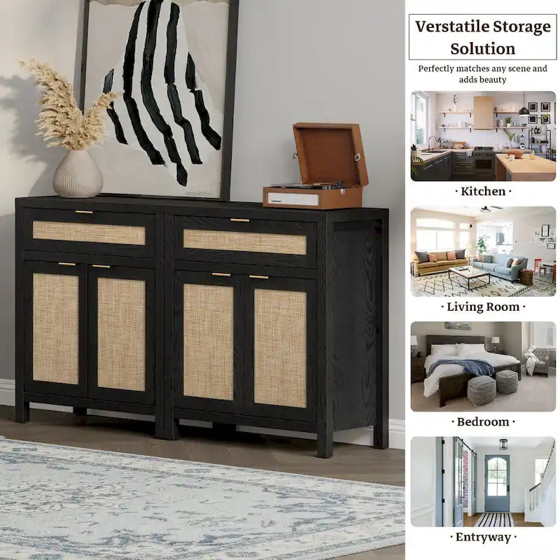 Farmhouse Rattan Sideboard Storage Cabinet with Drawer - N/A