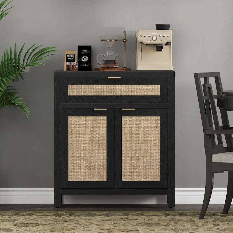 Farmhouse Rattan Sideboard Storage Cabinet with Drawer - N/A