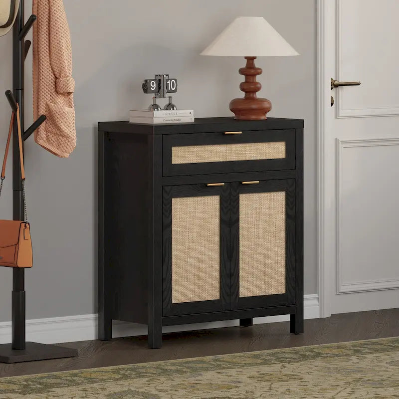 Farmhouse Rattan Sideboard Storage Cabinet with Drawer - N/A