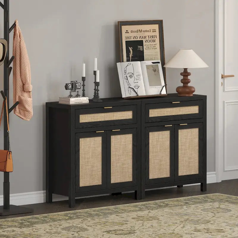 Farmhouse Rattan Sideboard Storage Cabinet with Drawer - N/A