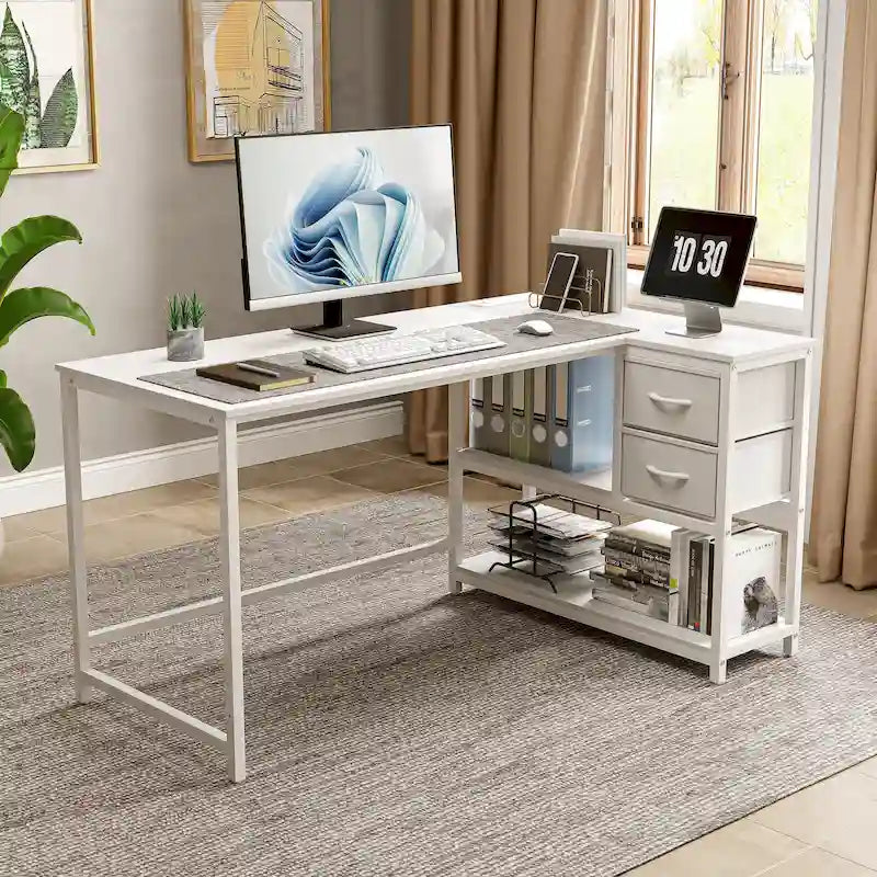 L Shaped Desk with Drawer, Writing Desk, Corner Computer Desk with Shelves and Charging Station