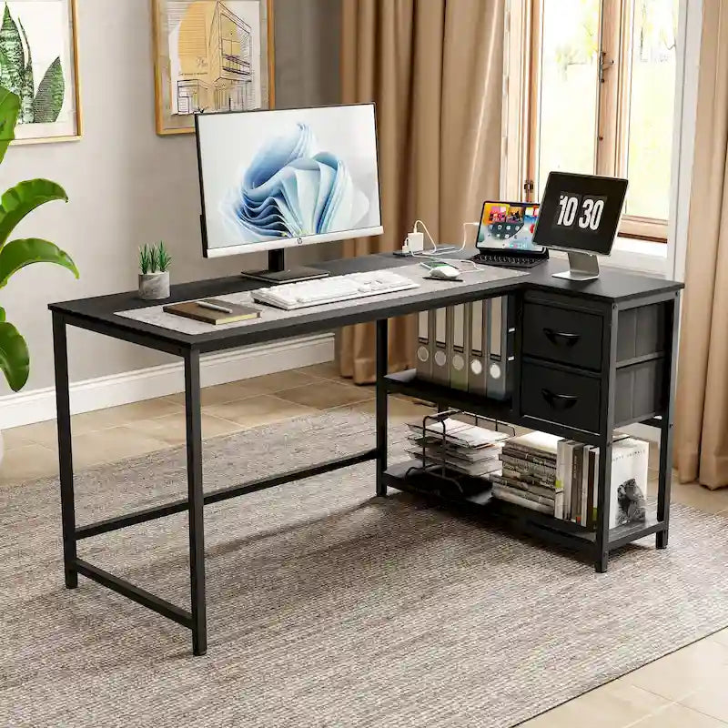 L Shaped Desk with Drawer, Writing Desk, Corner Computer Desk with Shelves and Charging Station