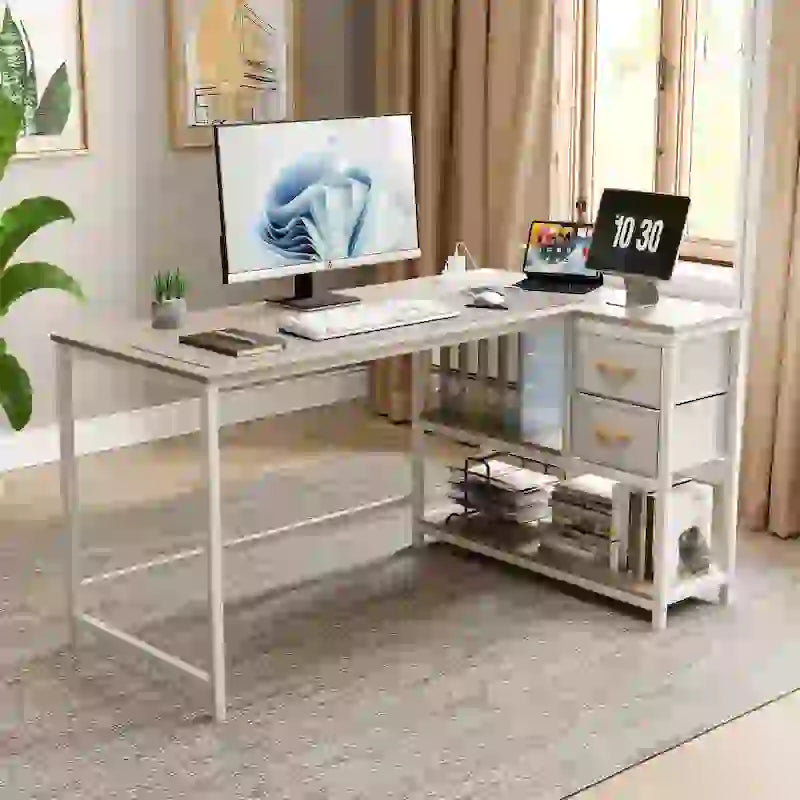 L Shaped Desk with Drawer, Writing Desk, Corner Computer Desk with Shelves and Charging Station