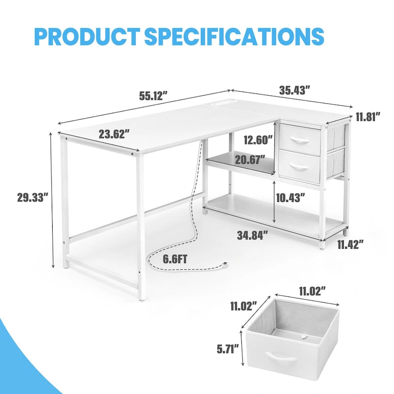 L Shaped Desk with Drawer, Writing Desk, Corner Computer Desk with Shelves and Charging Station