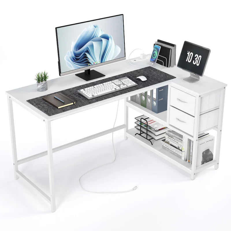 L Shaped Desk with Drawer, Writing Desk, Corner Computer Desk with Shelves and Charging Station