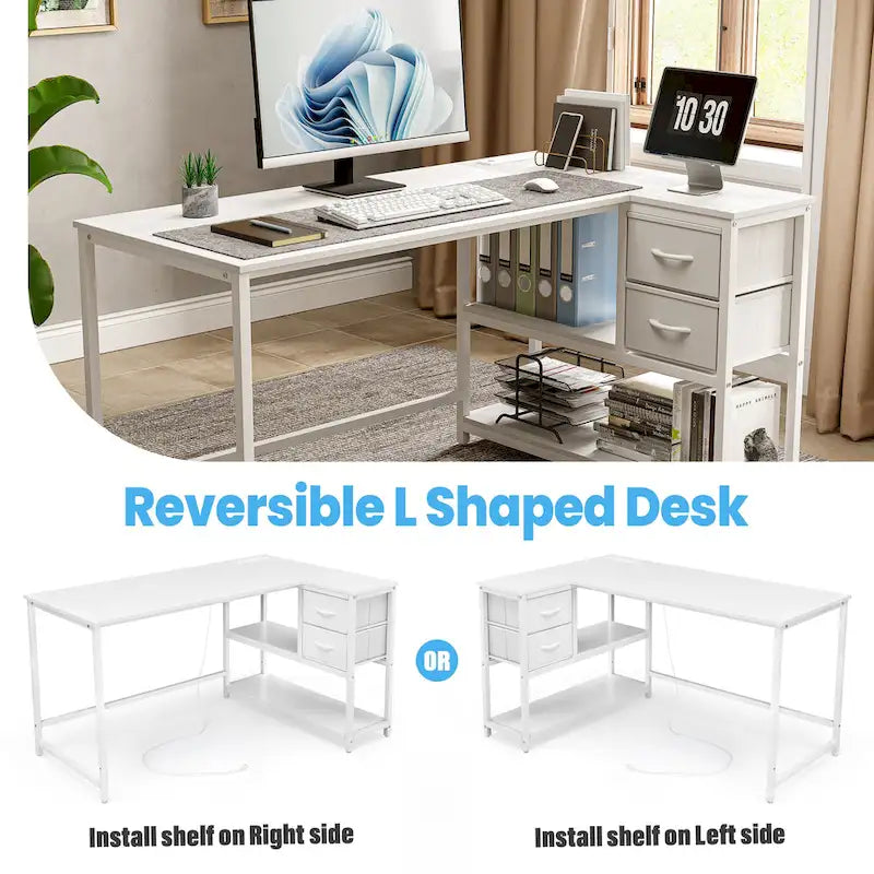 L Shaped Desk with Drawer, Writing Desk, Corner Computer Desk with Shelves and Charging Station