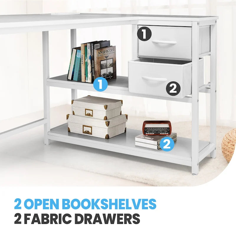 L Shaped Desk with Drawer, Writing Desk, Corner Computer Desk with Shelves and Charging Station