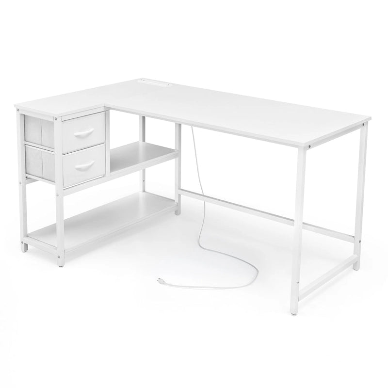 L Shaped Desk with Drawer, Writing Desk, Corner Computer Desk with Shelves and Charging Station