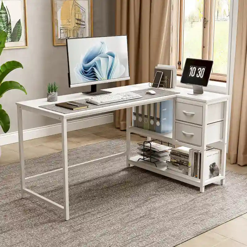 L Shaped Desk with Drawer, Writing Desk, Corner Computer Desk with Shelves and Charging Station