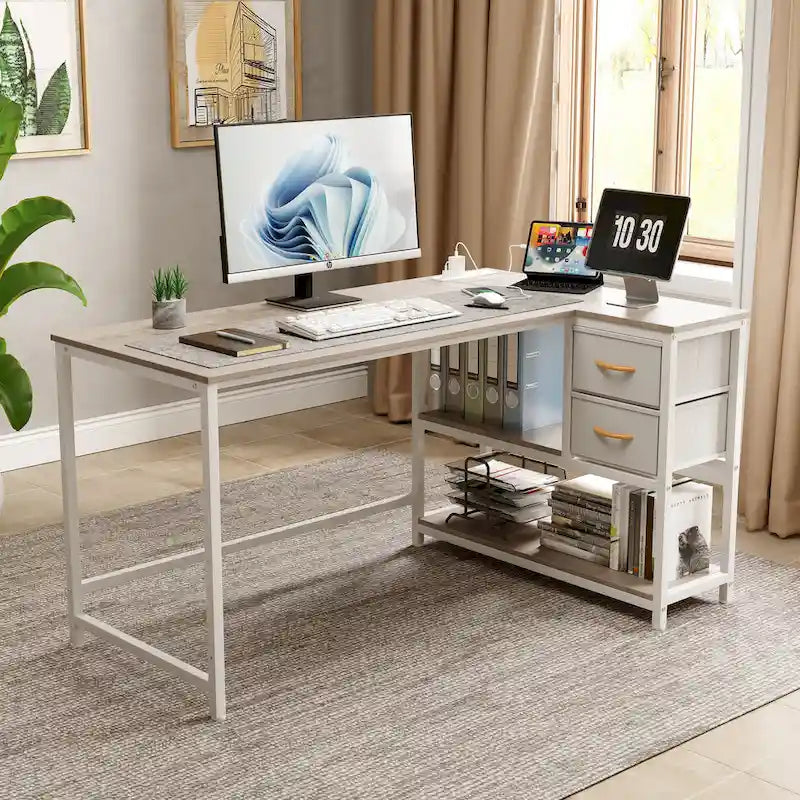 L Shaped Desk with Drawer, Writing Desk, Corner Computer Desk with Shelves and Charging Station