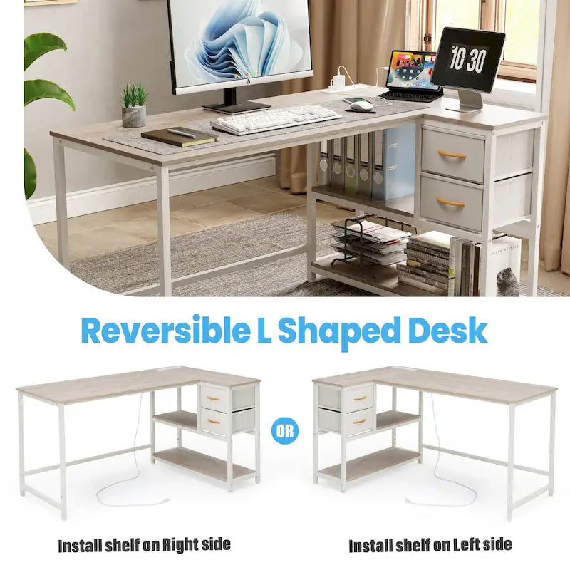 L Shaped Desk with Drawer, Writing Desk, Corner Computer Desk with Shelves and Charging Station