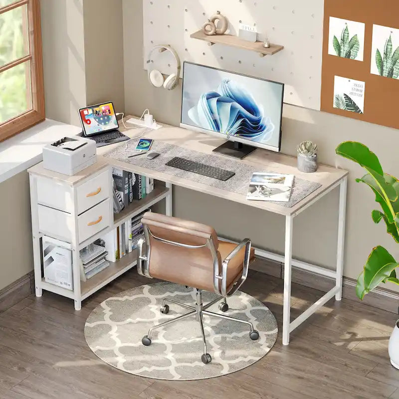 L Shaped Desk with Drawer, Writing Desk, Corner Computer Desk with Shelves and Charging Station