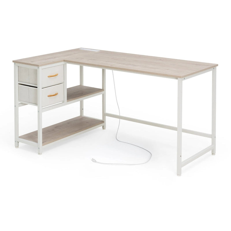 L Shaped Desk with Drawer, Writing Desk, Corner Computer Desk with Shelves and Charging Station