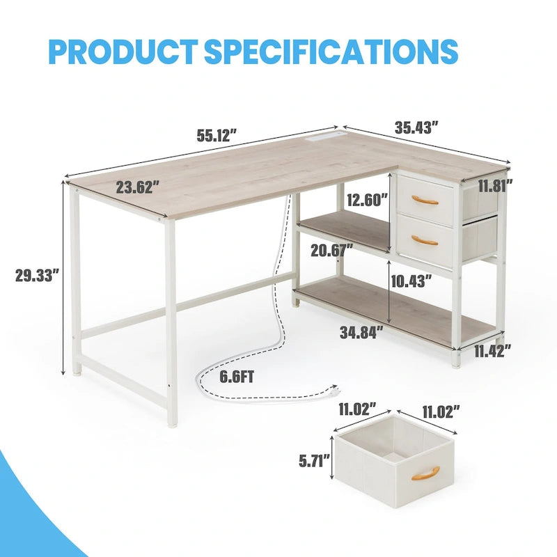 L Shaped Desk with Drawer, Writing Desk, Corner Computer Desk with Shelves and Charging Station