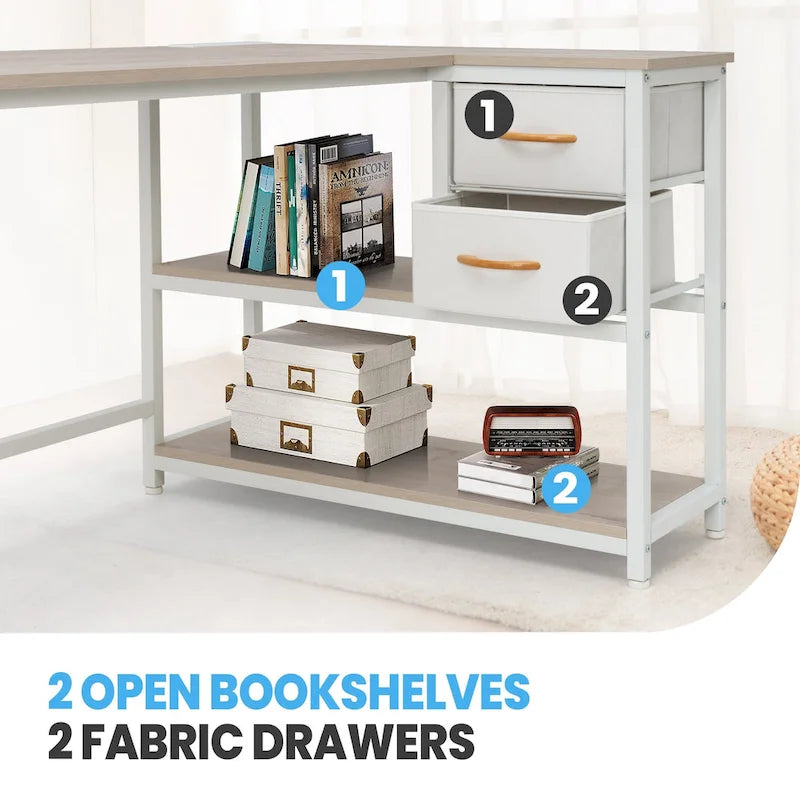 L Shaped Desk with Drawer, Writing Desk, Corner Computer Desk with Shelves and Charging Station