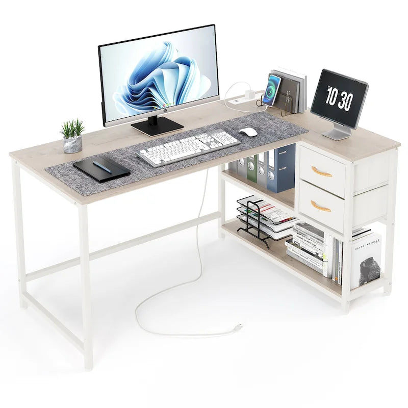 L Shaped Desk with Drawer, Writing Desk, Corner Computer Desk with Shelves and Charging Station