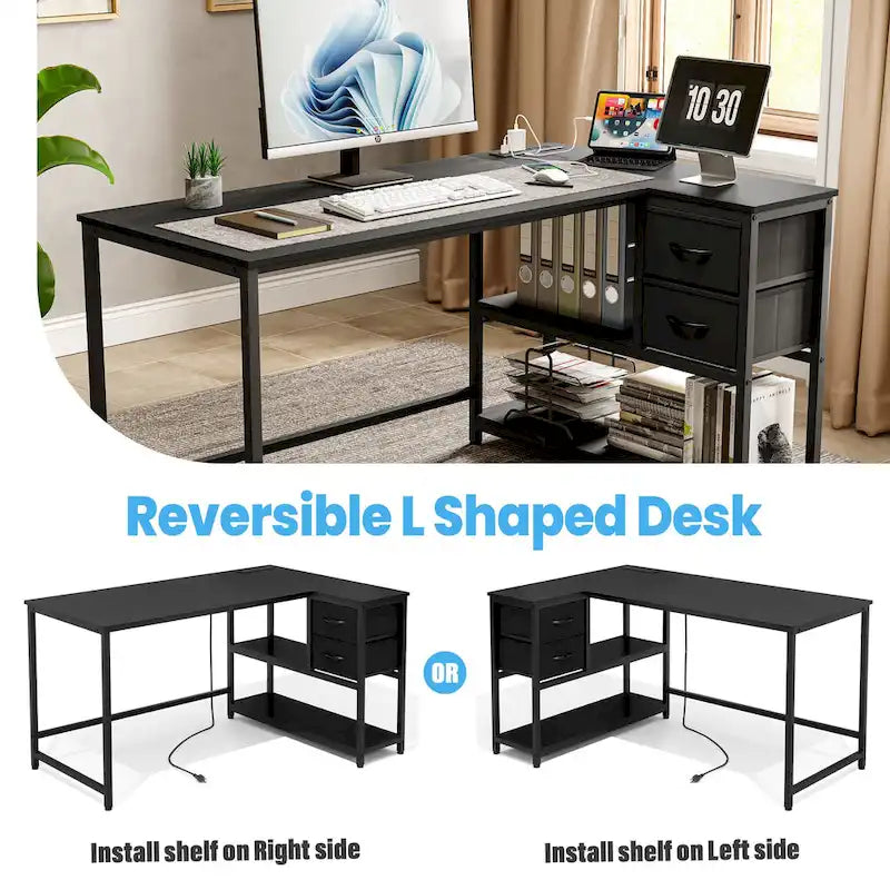 L Shaped Desk with Drawer, Writing Desk, Corner Computer Desk with Shelves and Charging Station