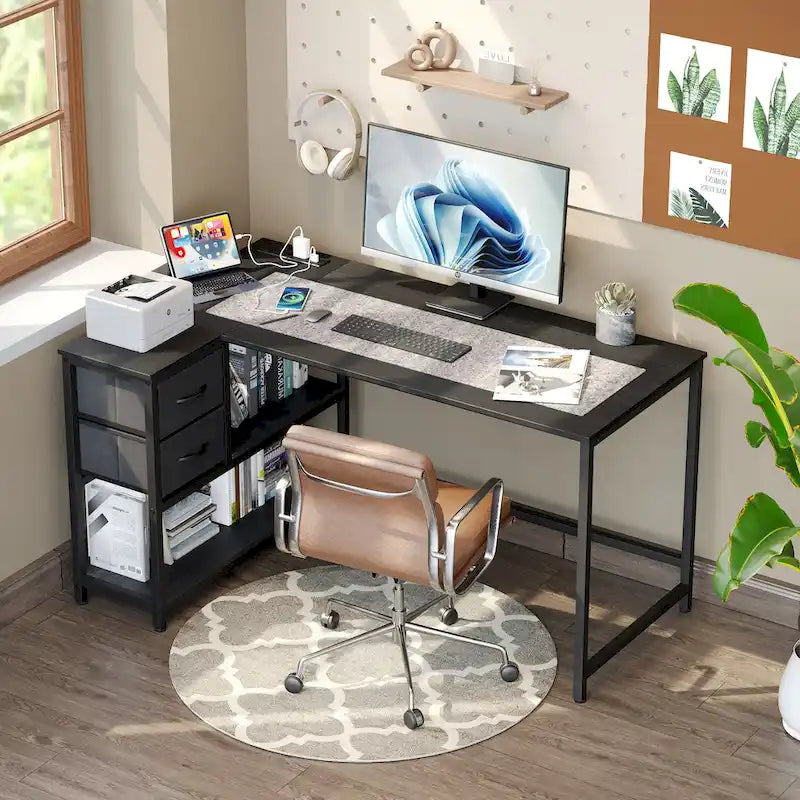 L Shaped Desk with Drawer, Writing Desk, Corner Computer Desk with Shelves and Charging Station