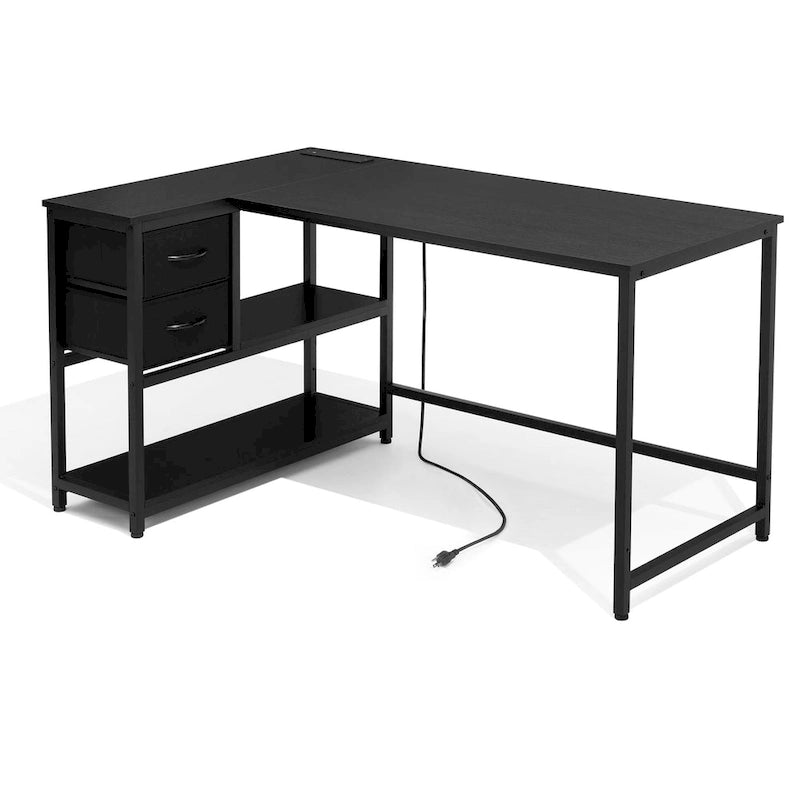 L Shaped Desk with Drawer, Writing Desk, Corner Computer Desk with Shelves and Charging Station