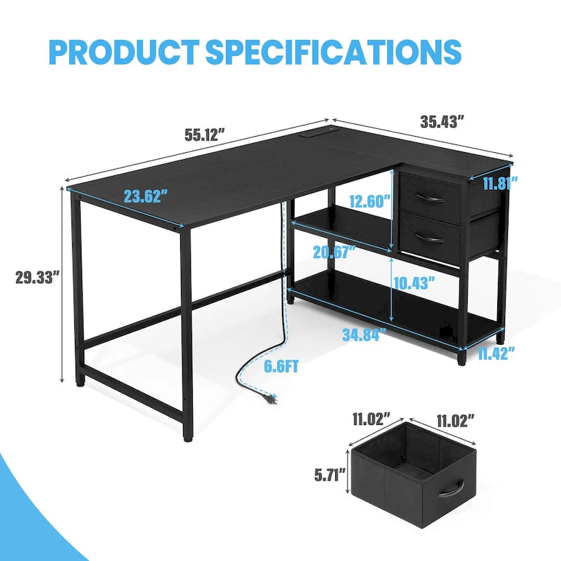 L Shaped Desk with Drawer, Writing Desk, Corner Computer Desk with Shelves and Charging Station