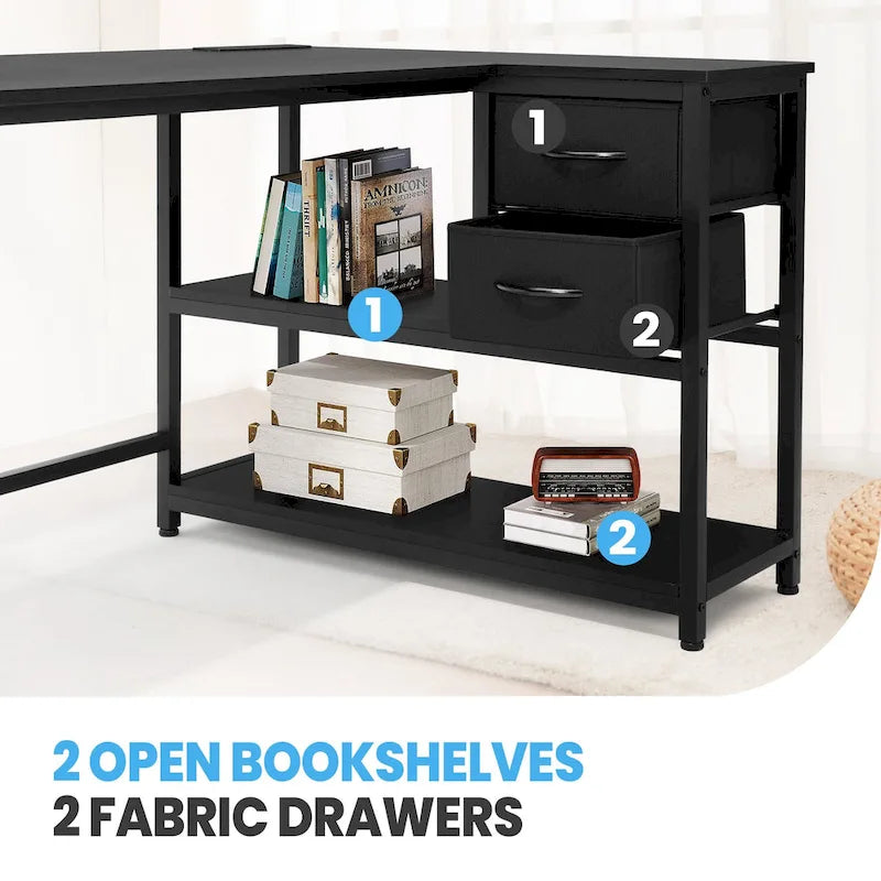 L Shaped Desk with Drawer, Writing Desk, Corner Computer Desk with Shelves and Charging Station