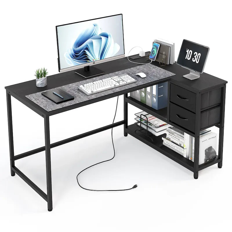 L Shaped Desk with Drawer, Writing Desk, Corner Computer Desk with Shelves and Charging Station