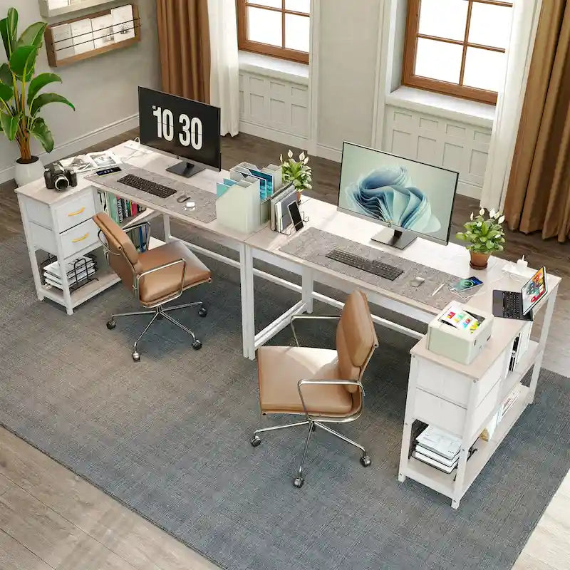 L Shaped Desk with Drawer, Writing Desk, Corner Computer Desk with Shelves and Charging Station