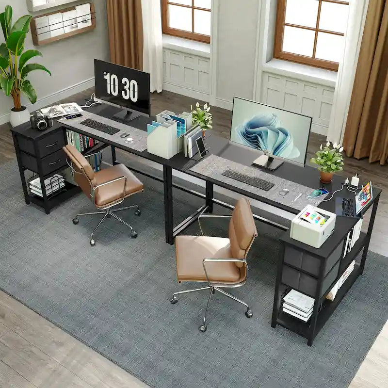 L Shaped Desk with Drawer, Writing Desk, Corner Computer Desk with Shelves and Charging Station