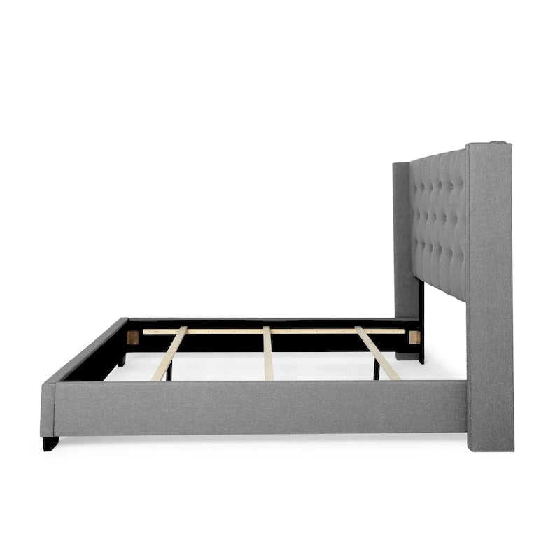 Diamond-tufted Grey Wingback Bed