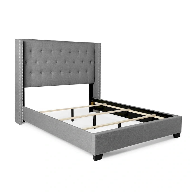 Diamond-tufted Grey Wingback Bed