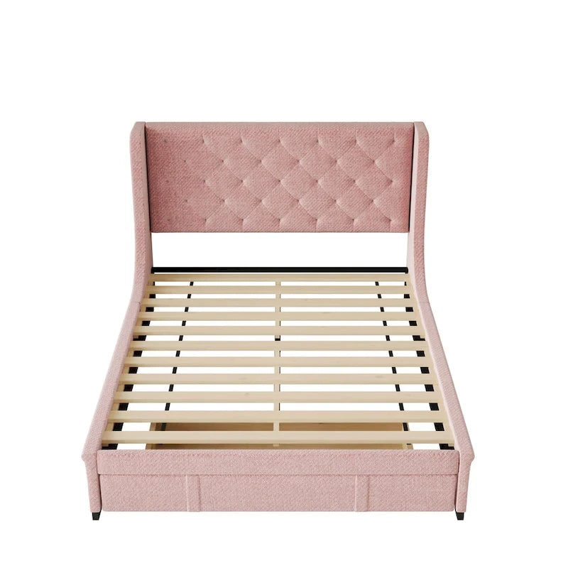 Queen Size Upholstered Platform Bed with Wingback Headboard and a Big Drawer