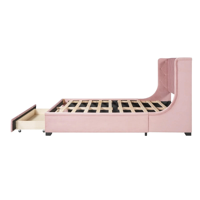 Queen Size Upholstered Platform Bed with Wingback Headboard and a Big Drawer
