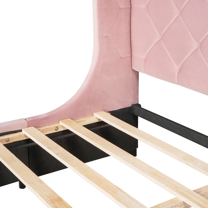 Queen Size Upholstered Platform Bed with Wingback Headboard and a Big Drawer