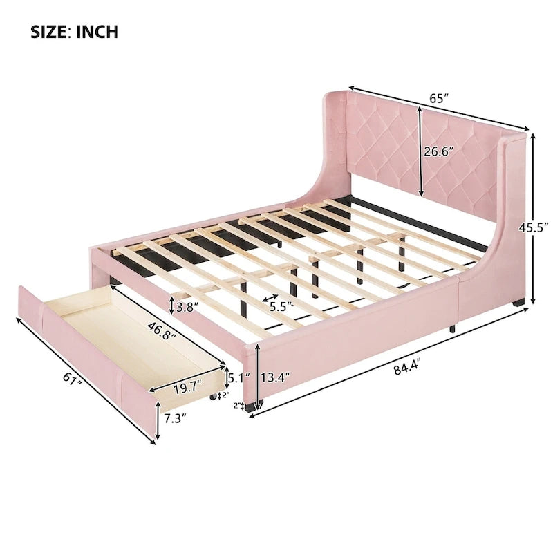 Queen Size Upholstered Platform Bed with Wingback Headboard and a Big Drawer