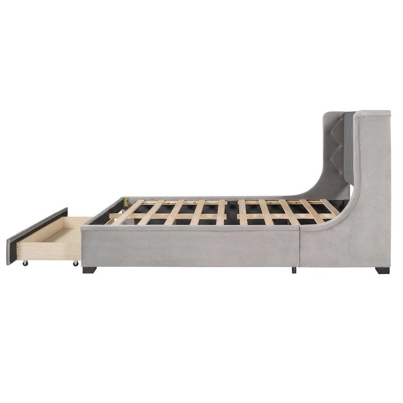 Queen Size Upholstered Platform Bed with Wingback Headboard and a Big Drawer