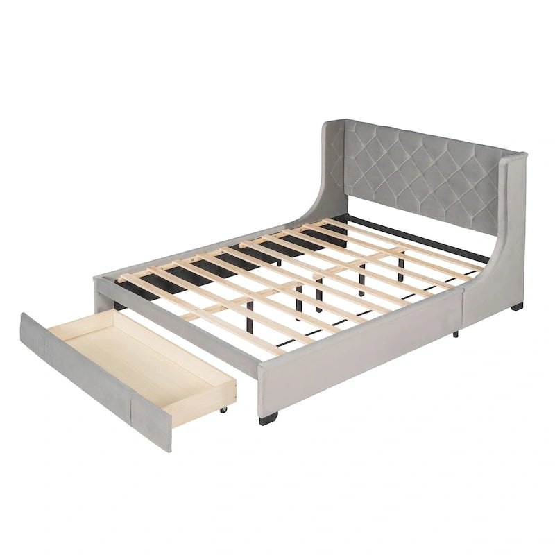 Queen Size Upholstered Platform Bed with Wingback Headboard and a Big Drawer