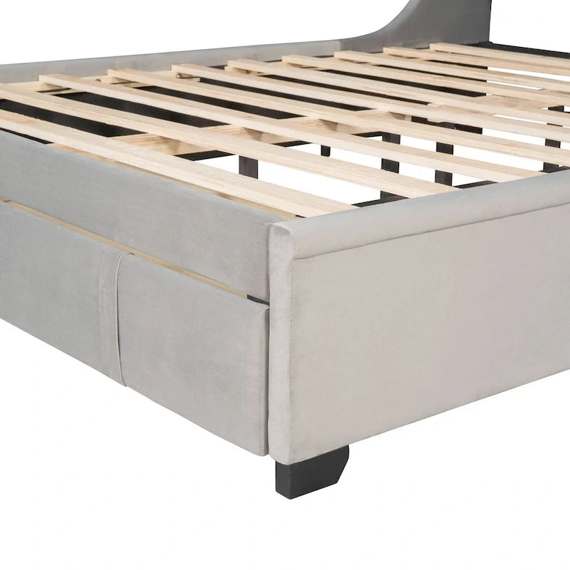 Queen Size Upholstered Platform Bed with Wingback Headboard and a Big Drawer