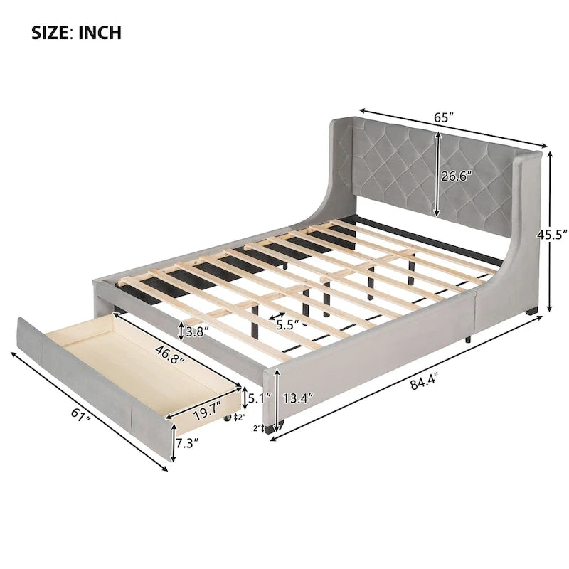 Queen Size Upholstered Platform Bed with Wingback Headboard and a Big Drawer